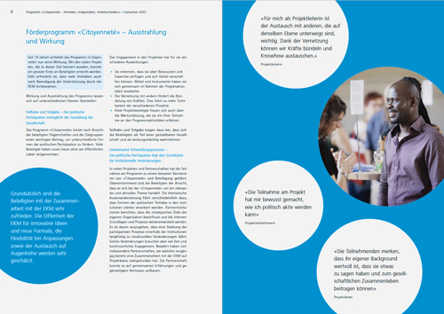 Doppelseite aus der Broschüre Citoyenneté – mitreden, mitgestalten, mitentscheiden, Evaluationsergebnisse